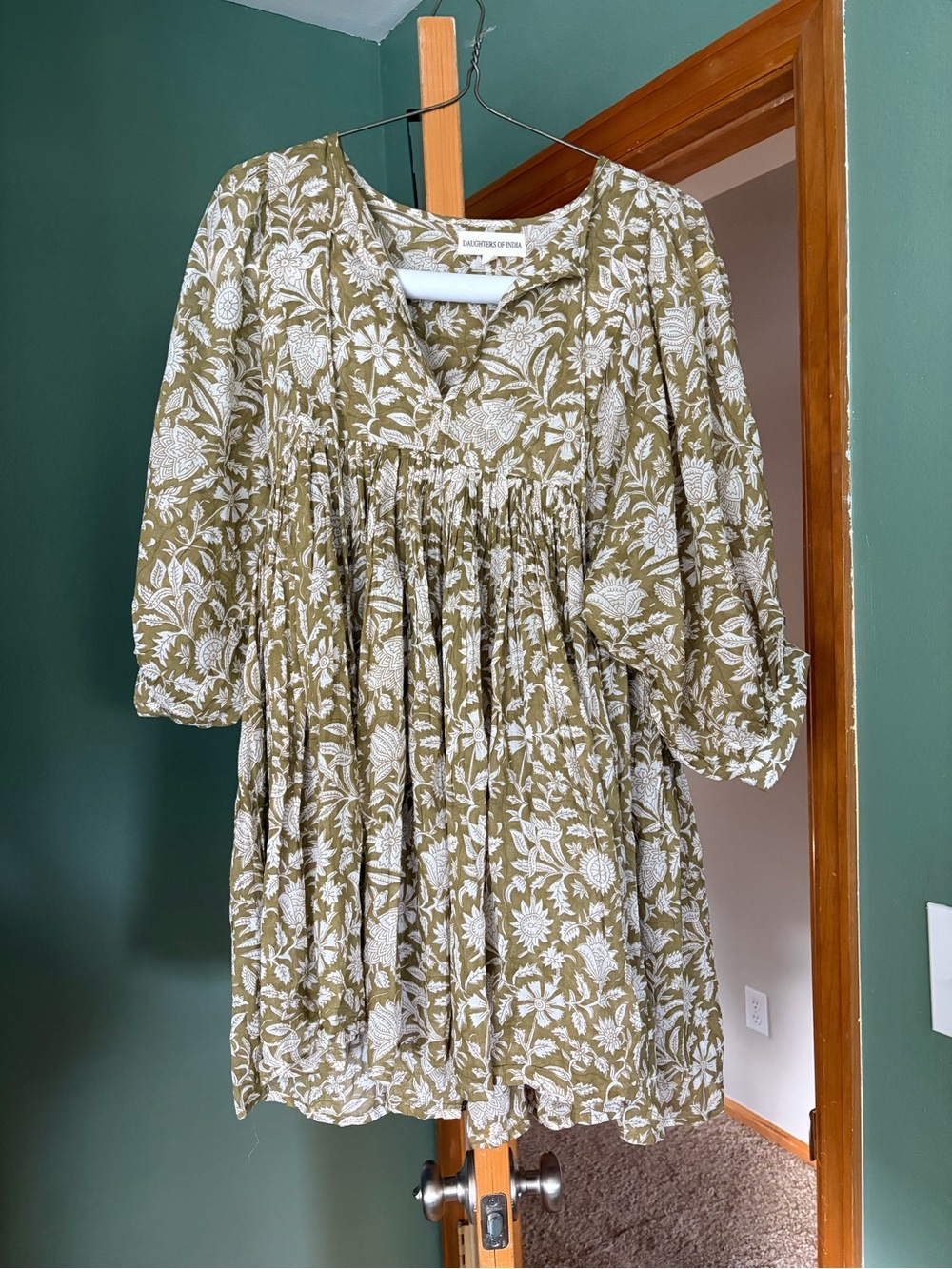 Daughters of India Olive Green and White Floral V‑Neck Tunic